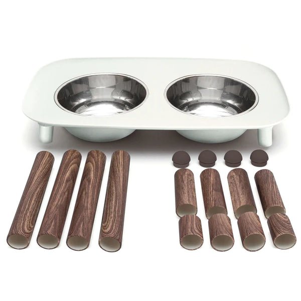 Messy Mutts Elevated Double Feeder with Stainless Bowls (Faux Wood Legs)