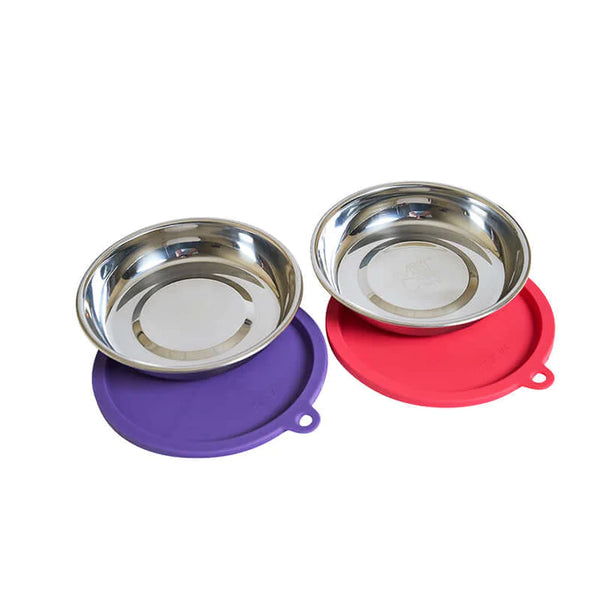 Messy Cats 4pc Set with Two Stainless Saucer Shaped Bowls and Two Silicone Lids