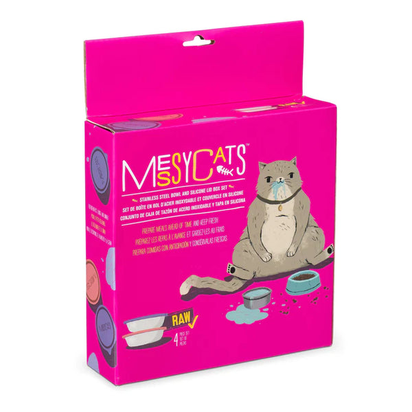 Messy Cats 4pc Set with Two Stainless Saucer Shaped Bowls and Two Silicone Lids