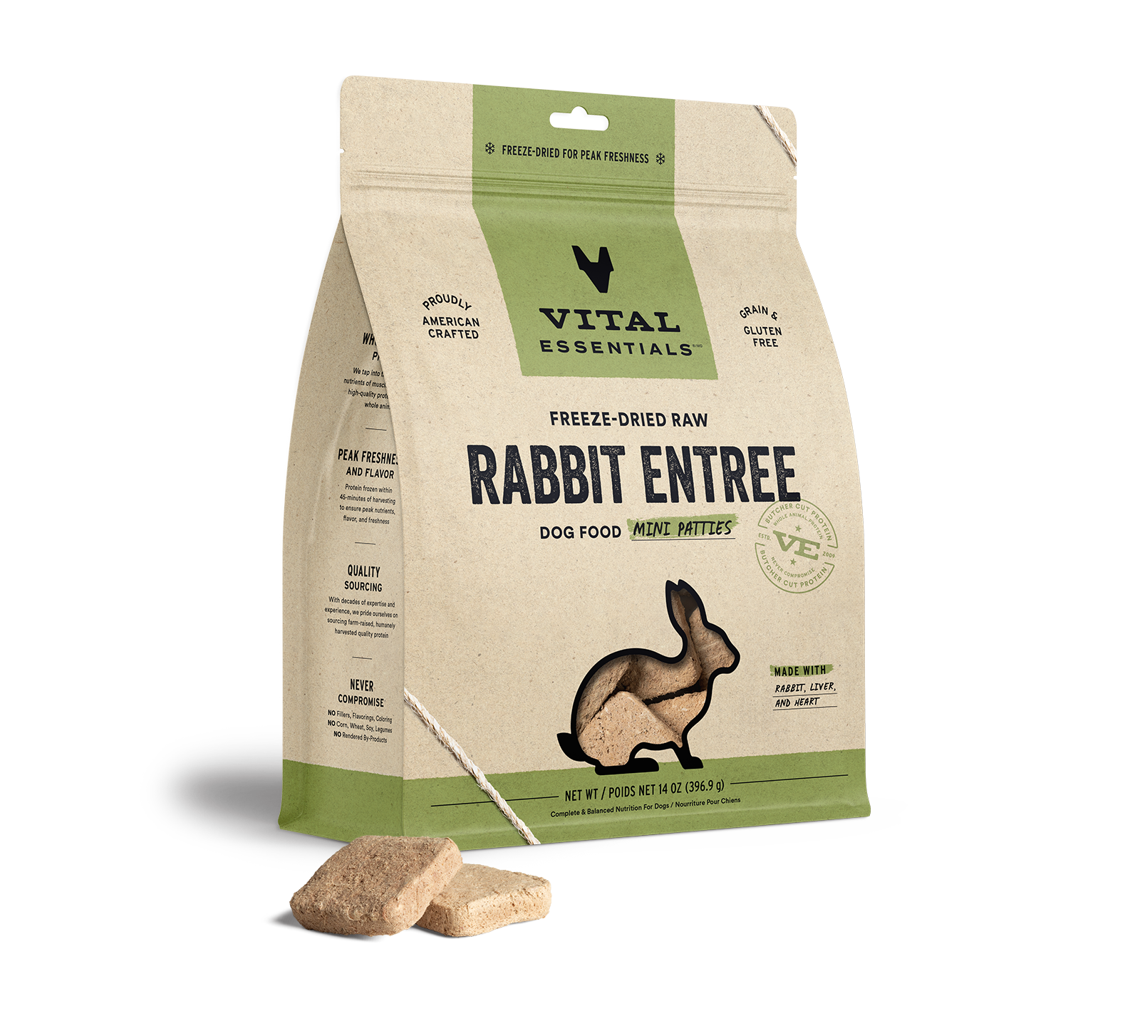 Vital Essentials Freeze Dried Raw Rabbit Entree Dog Food Mini Patties 14oz