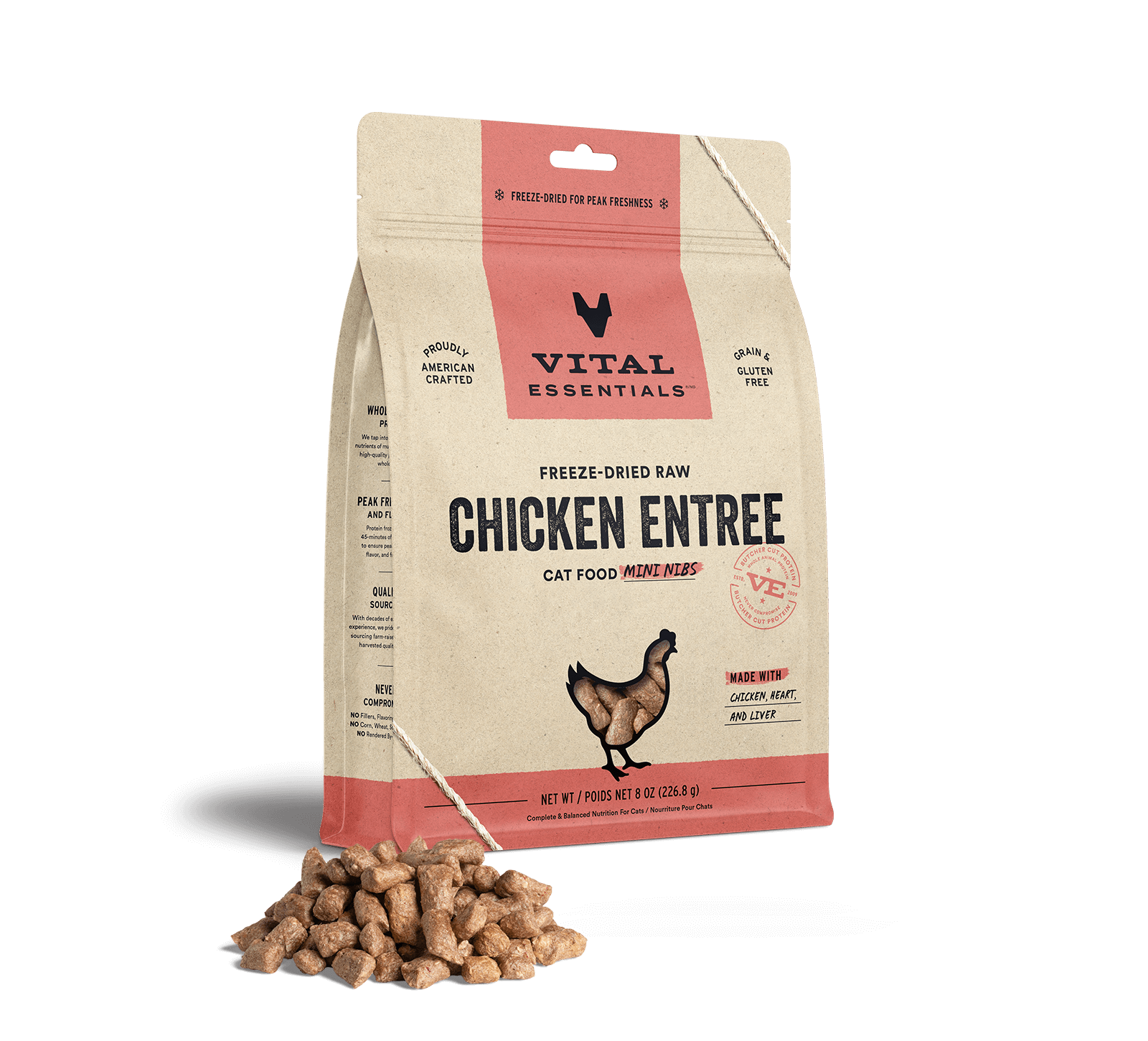 Vital Essentials Freeze Dried Raw Chicken Entree Cat Food Mini Nibs, 8oz