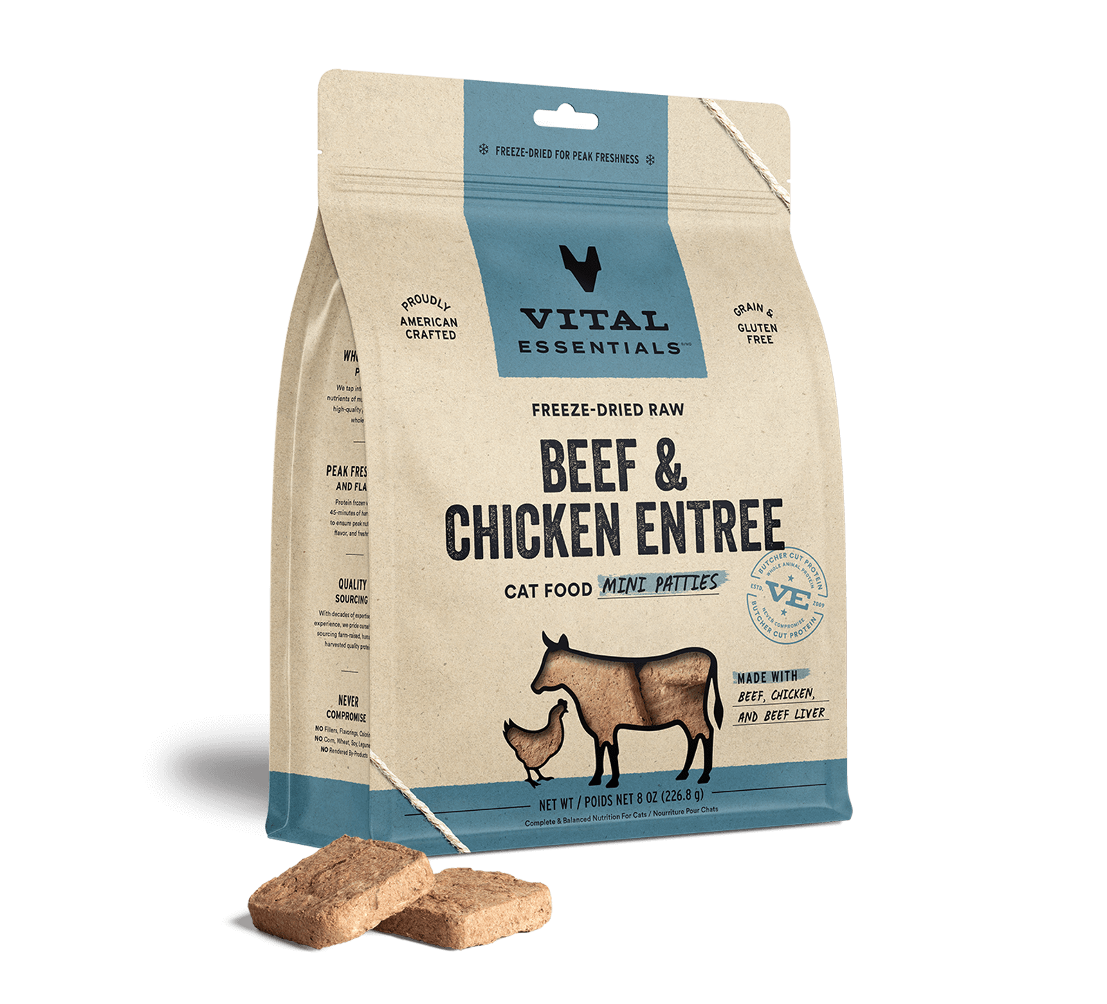 Vital Essentials Freeze Dried Beef & Chicken Entree Cat Food Mini Patties, 8oz