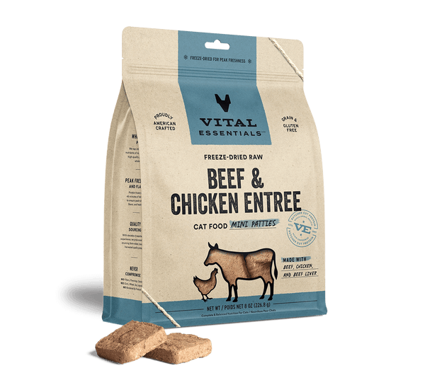 Vital Essentials Freeze Dried Beef & Chicken Entree Cat Food Mini Patties, 8oz