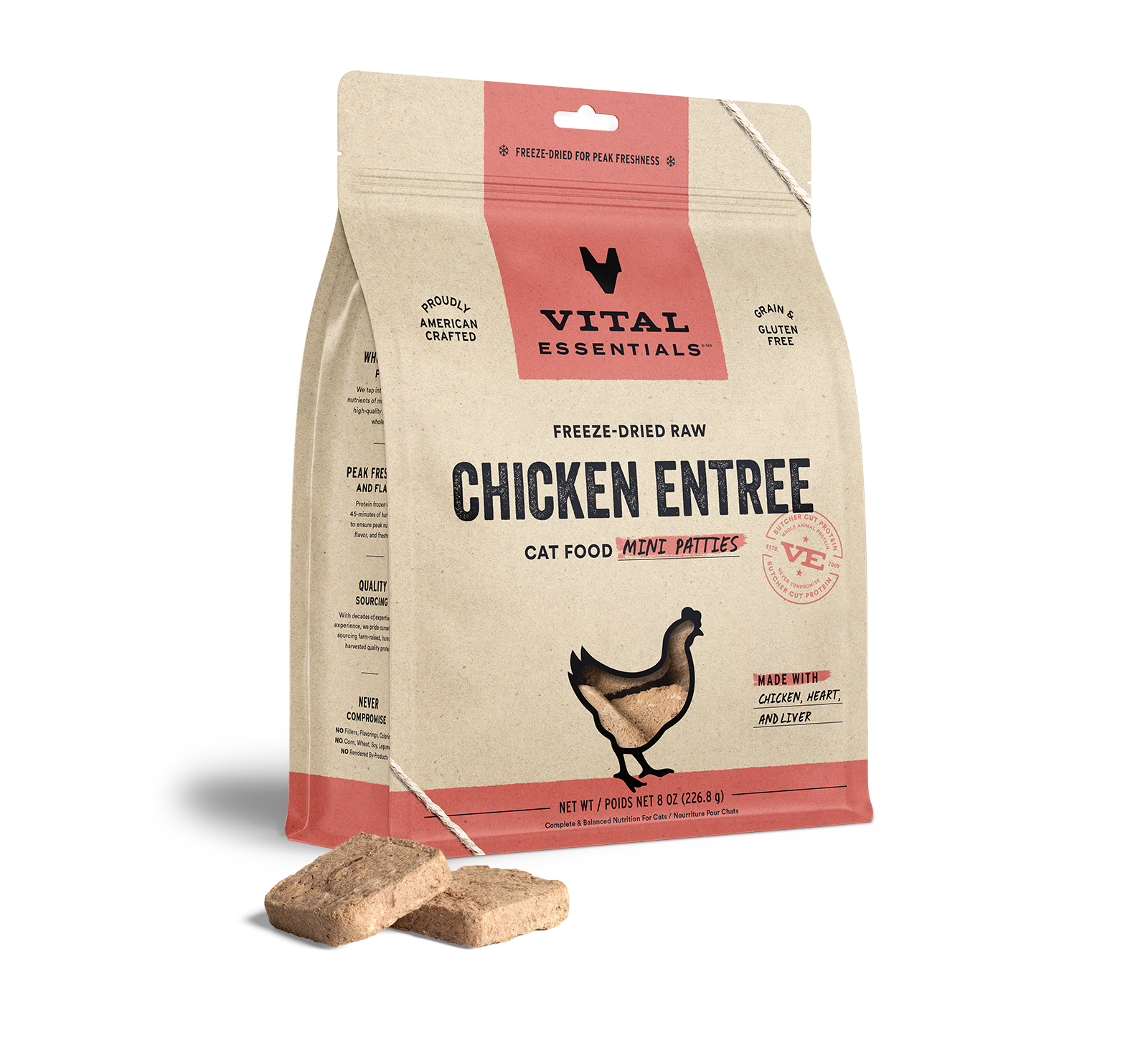 Vital Essentials Freeze Dried Raw Chicken Entree Cat Food Mini Patties, 8oz