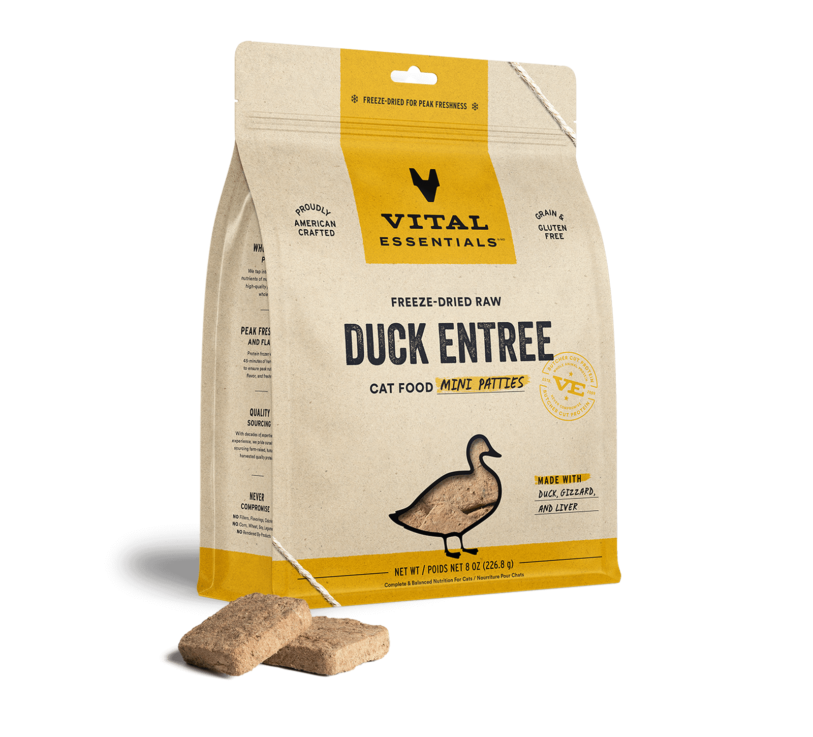 Vital Essentials Freeze Dried Duck Entree Cat Food Mini Patties, 8oz