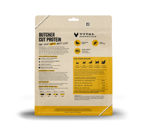 Vital Essentials Freeze Dried Duck Entree Cat Food Mini Patties, 8oz