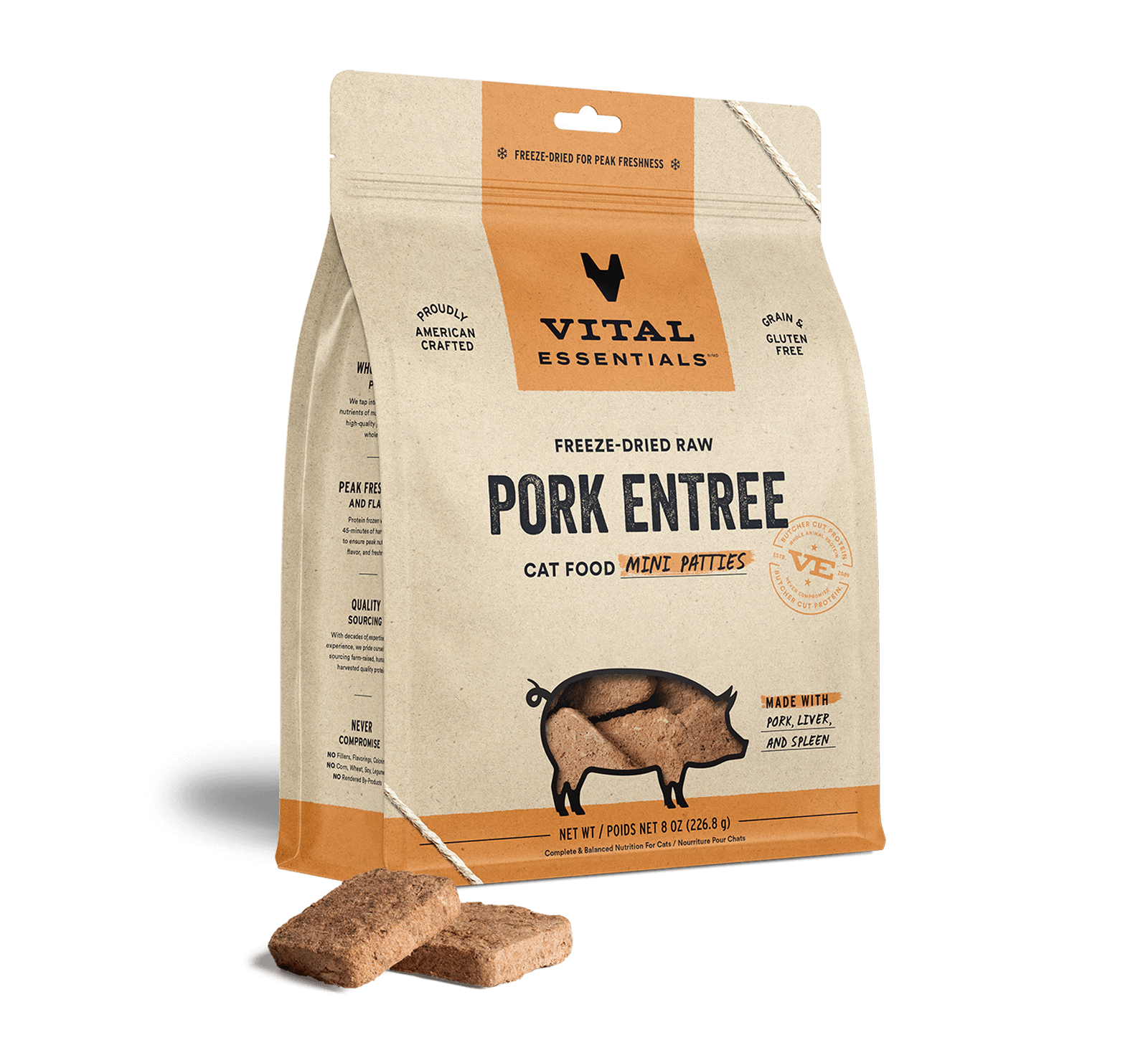 Vital Essentials Freeze Dried Pork Entree Cat Food Mini Patties, 8oz