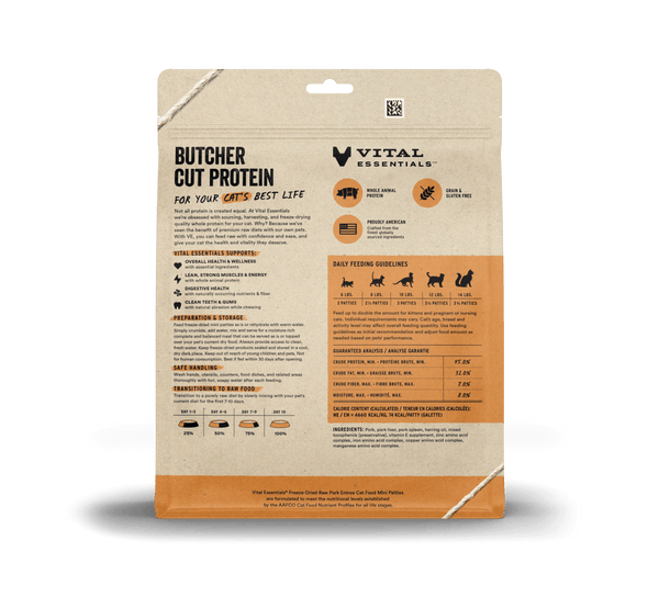 Vital Essentials Freeze Dried Pork Entree Cat Food Mini Patties, 8oz