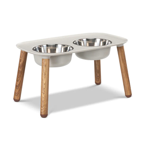 Messy Mutts Elevated Double Feeder with Stainless Bowls (Faux Wood Legs)
